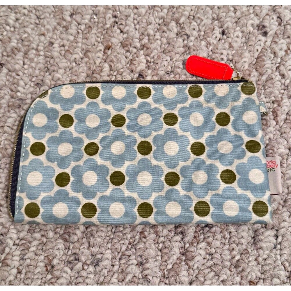 Orla Kiely Zipper Makeup Bag Pouch Blue White Green Floral 8 x 4 in